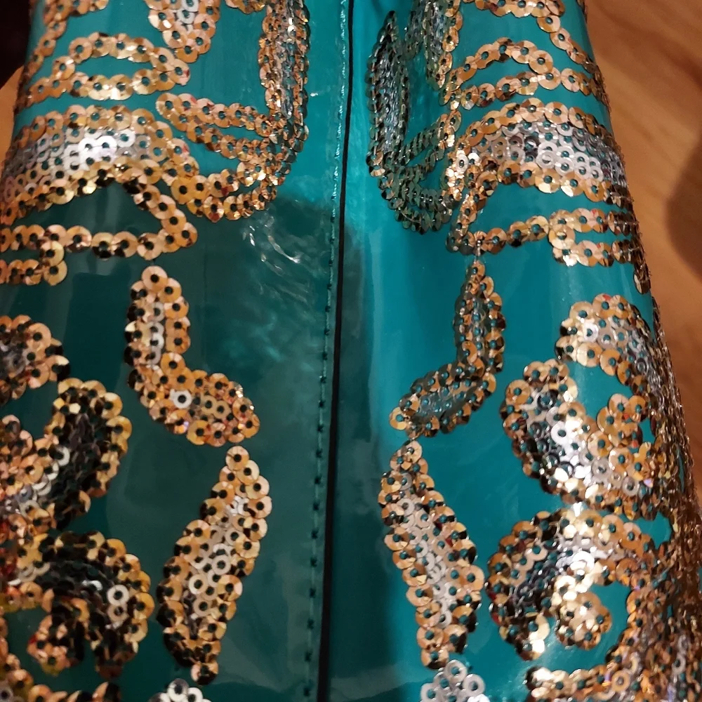 Teal Neptune Green Gold Patent Leather Look Bling Handbag Embroidery Shiny Purse